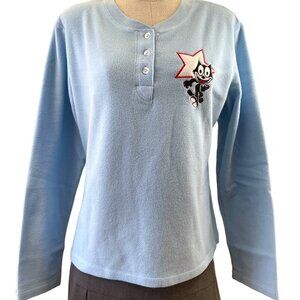 Vintage 1970's Baby Blue Plush Embroidered Felix the Cat Top Shirt Women's Sz M
